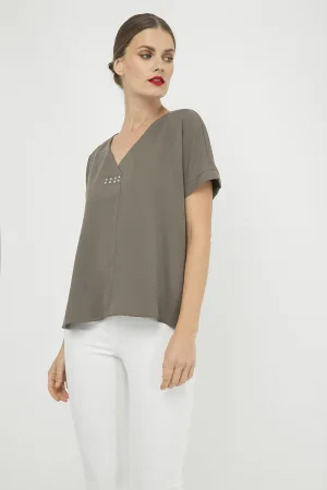 Khaki V Hals Top met Metallic Motief
