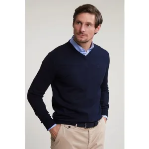River Woods Normal Fit Basic Cotton V-neck Sweater Navy Blue