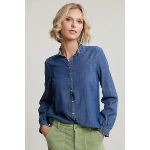 River Woods Blue Jeans Blouse Ruffle Collar