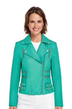 Dames leren aquablauwe Brando bikerjack – Constantia