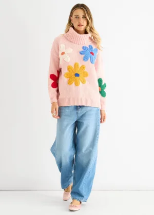 Roze bloemen applicatie oversized trui