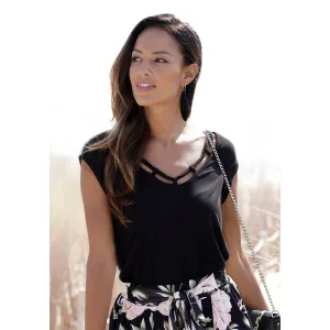 s.Oliver RED LABEL Beachwear T-shirt met sierbandjes bij de hals, shirt met korte mouwen, zomers