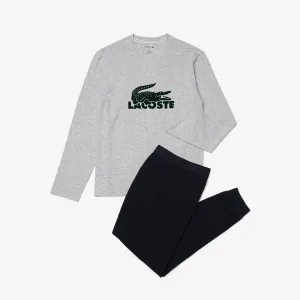 Heren Lacoste Pyjama Set met Lange Mouwen in Navy Grijs