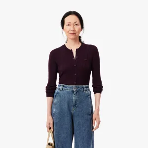 Dames Lacoste Merino Wol 3D Gebreid Vest in rood kastanjebruin