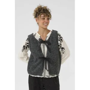 Cream gebreid vest met wol grijs melange