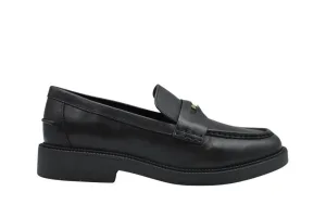 – Black Leather Laced Flat Shoes in zwart