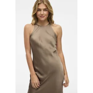 VILA satijnen midi jurk taupe