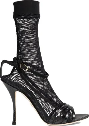 Dolce&Gabbana Boots – Fishnet Mesh Sandals With Croc-Effect Texture in zwart