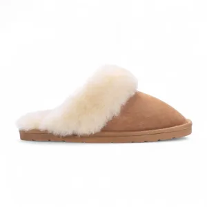 Dames muiltjes winterpantoffels van echt schapenvacht, kastanjebruin suède – Luna