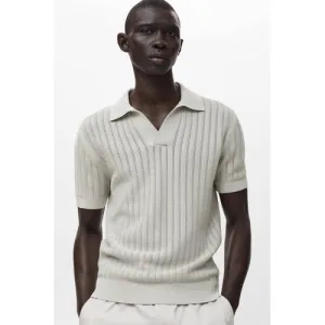 Mango Man regular polo met ingebreid patroon lichtgrijs