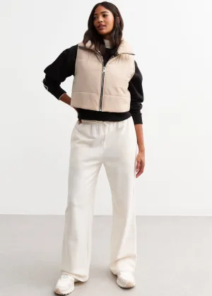 Beige contrasterend gewatteerd kort vest met dierenprint