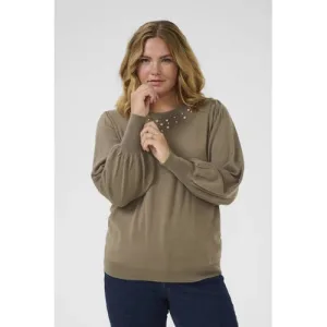 Kaffe Curve gebreide trui lichtbruin met parels