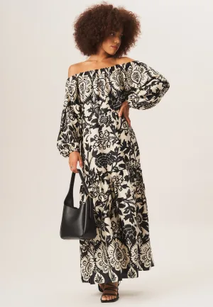 Bardot maxi-jurk met mono-randprint