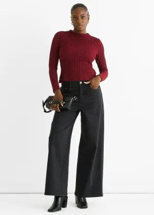 Bordeauxrode top met hoge hals, jersey en kanten lange mouwen