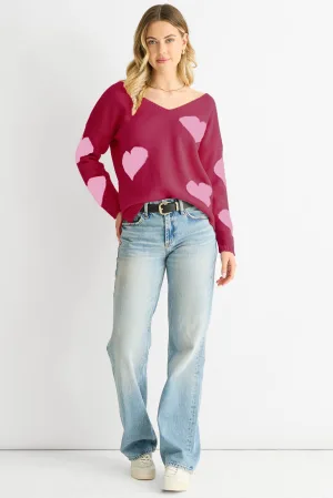 Rode oversized gebreide trui met V-hals en hartmotief