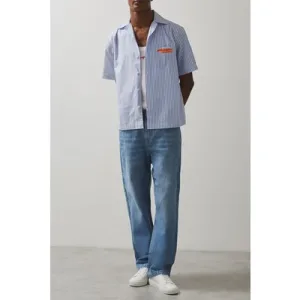 Reiss Ss Stripe Poplin Cuban Shirt Soft Blue/white