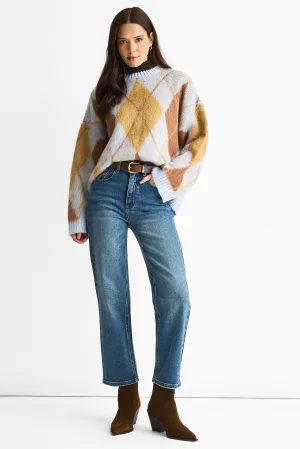 Blauwe jeans met rechte pijpen en middelhoge taille