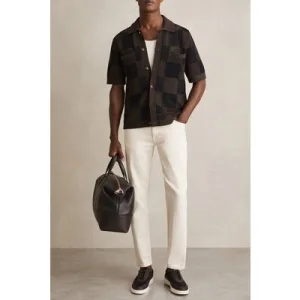 Reiss Ss Button Through Checkerboard Crochet Shirt Chocolate/navy