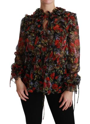Dolce & Gabbana Zwarte Bloemen Rozen Blouse Zijde Top