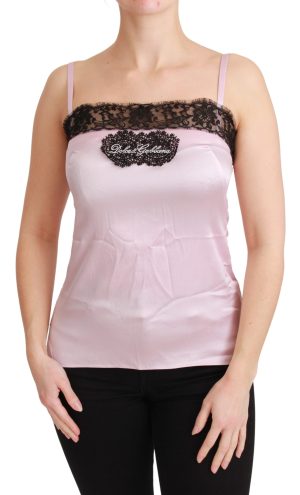 Dolce & Gabbana Zijden Zwarte Kanten Top Roze Tank Blouse