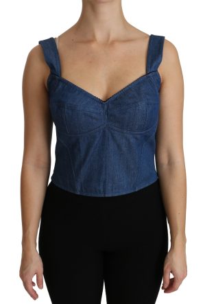 Dolce & Gabbana Blauwe Mouwloze Bustier Blouse Katoen Top