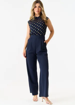 Marine foliedessin Sheer Top Getailleerde jumpsuit