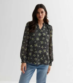 Dobby bloemen blouse met gesmokte hals en lange mouwen