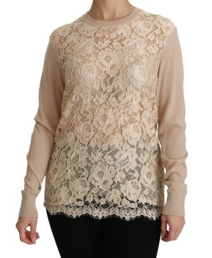 Dolce & Gabbana Beige Kant Lange Mouw Top Kasjmier Blouse