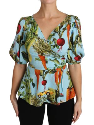 Dolce & Gabbana Multicolore Groenteprint Zijden Top Peplum Wikkelblouse
