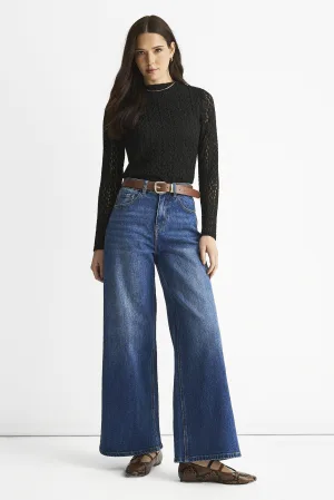 Blauwe jeans met middelhoge taille en wijde pijpen