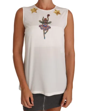 Dolce & Gabbana Vrouwen Top van Wit Zijde Versierd Kristal Pailletten