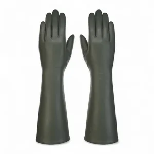 Dames lange olijfgroene Italiaanse leren winterhandschoenen met zachte wollen voering