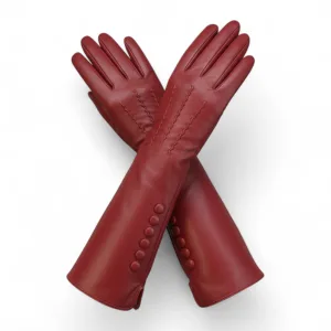 Dames lange rode Italiaanse leren zachte wollen voering winter knoopontwerp autohandschoenen