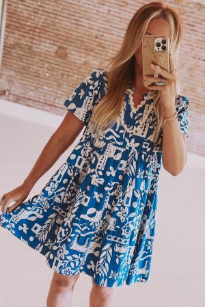 Mini Jurk Blauw Witte Print
