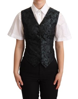 Dolce & Gabbana Dames Zwarte Jacquard Bloemen Gilet Vest Groen
