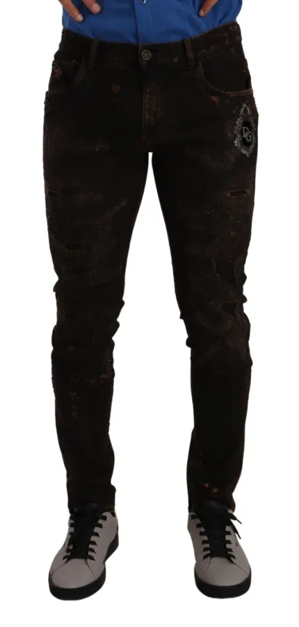 Dolce & Gabbana Heren Bruine DG Kroon Logo Katoenen Skinny Denim Jeans