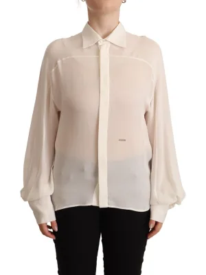 Dsquared2 Vrouwen Off White Silk Lange Mouwen Collared Blouse Top
