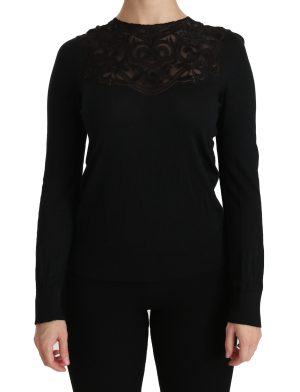Dolce & Gabbana Vrouwen Zwart Zijde Kanten Hals Blouse Met Lange Mouwen