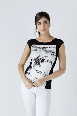 Tweekleurige top met kapmouwtjes Zwart