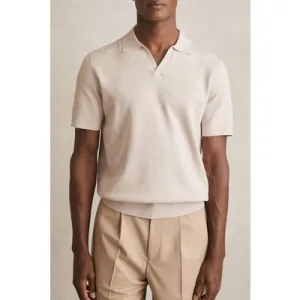 Reiss Ss Open Collar Soft Textured Polo Oatmeal Melange