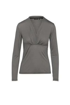 Donkergrijze kasjmierblend Lange Mouwen Faux Wrap Top in Stretch Jersey Duurzame Stof