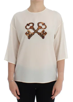 Dolce Gabbana Witte Gecombineerde Sleutel Zijden Blouse