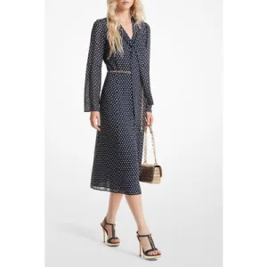 Michael Kors Tie Detail Midi Dress In Midnight Blue Polka Dot Print