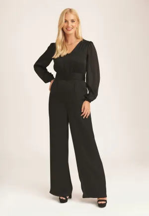 Satijnen jumpsuit met V-hals en ruches in de taille