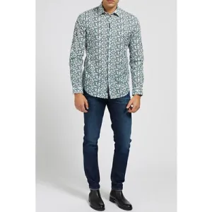 GUESS Ls Italian Collar Notched Cuff Blue Bloom Flower Blue Bloom