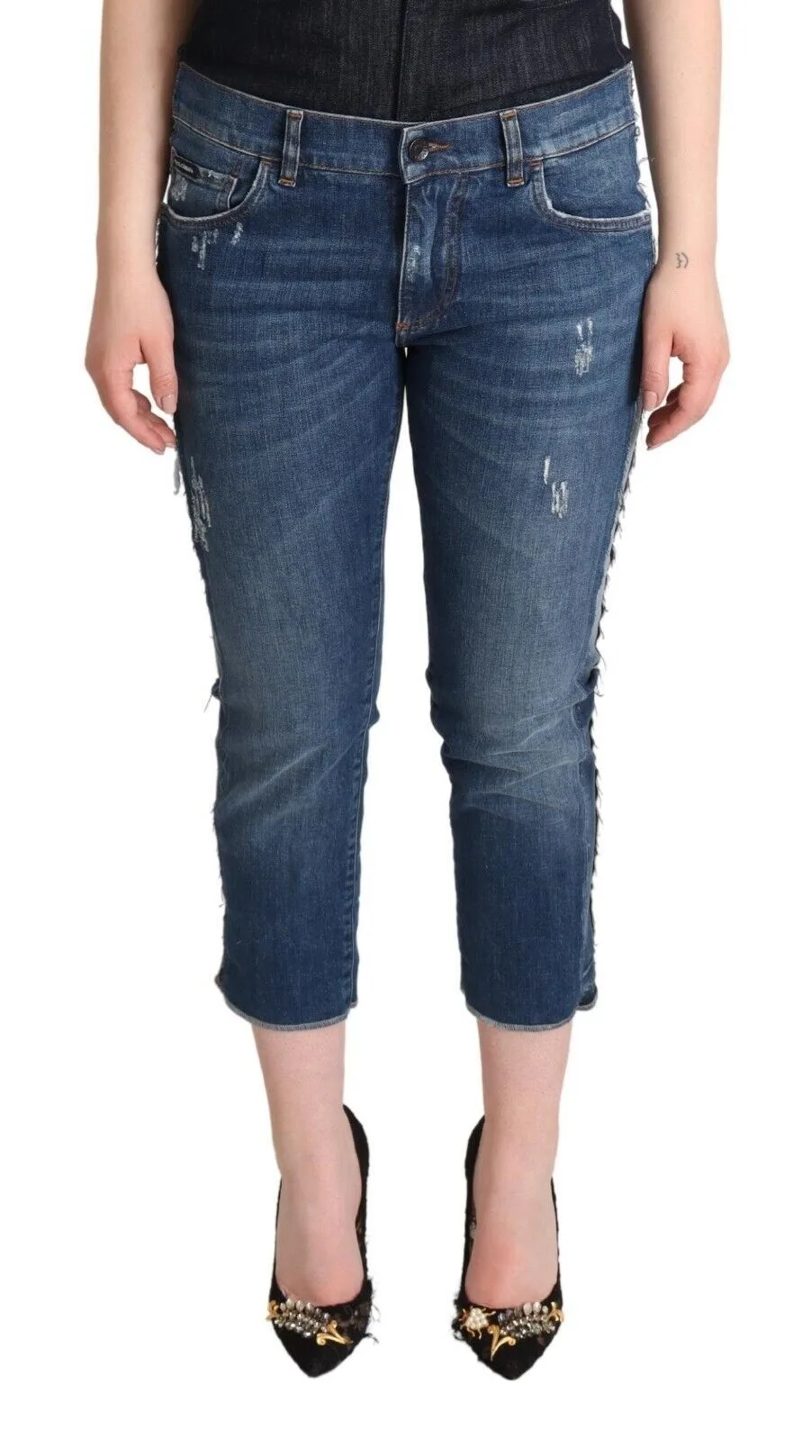 Dolce & Gabbana Blauwe Gewassen Midden Taille Denim Logo Cropped Dames Jeans