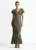 Donkergroene viscose maxi-jurk met geknipte gouden jacquard en schuine snit