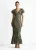 Donkergroene viscose maxi-jurk met geknipte gouden jacquard en schuine snit
