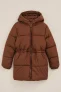 WE Fashion – Meisjes Lange gewatteerde jas met capuchon – Regular fit – Bruin –