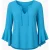 Elegante turquoise blouse met strikdetail bij de hals en uitlopende mouwen — een stijlvolle keuze voor werk of een avondje uit.